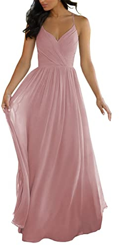 Spaghettiträger Hochzeit Brautjungfernkleider für Junioren V Ausschnitt Elegant Chiffon A-Linie Trauzeugin Kleider, Dusty Rose, 40