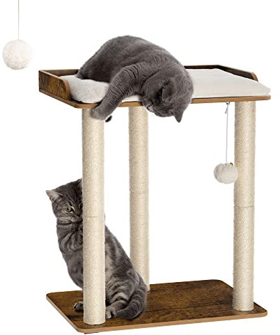 FourFurPets Árbol para Gatos, Altura 68 cm, Torre de Gatos, con 3 Postes de Sisal de 60cm, 56x40 cm Gran Plataformas, Pompones, Marrón Rústico