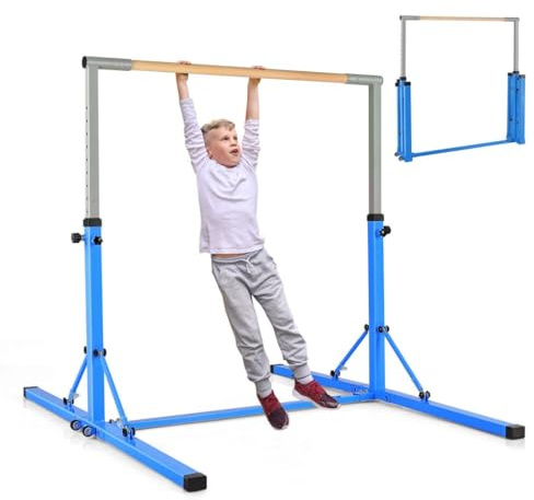 COSTWAY Foldable Gymnastics Bar, 90-150cm Height Adjustable Training Bar with Easy Moving Wheels and Non-slip Feet, Home Gym Equipment for Kids Juniors, 100kg Weight Capacity