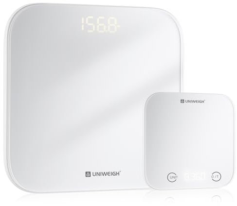 UNIWEIGH Kitchen and Bathroom Bundle-Digital food scale for Ounces and Grams11lb,Slim body weight Scale 400lb,Tempered glass,touch button LCD display,Precise Weight Measuring and Portion Control,white