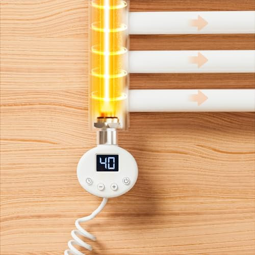 EMKE Heizstab Badheizkörper 900W, Heizpatrone aus Edelstahl für Heizkörper Elektrischer Handtuchheizkörper, Heizstab mit Thermostat Elektronischer Temperaturregler und Timerfunktion Weiß