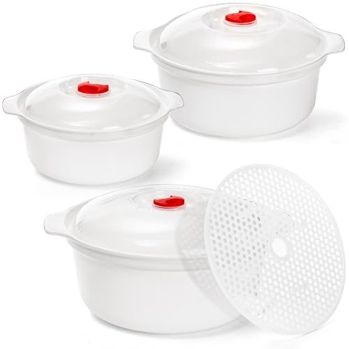 WRINGKIT 3 Pack Microwave Bowls with Lid, 3 Sizes (2.54QT, 1.69QT, 0.95QT) | BPA-free Ramen Cooker Soup Containers with Steamer, Mixing Serving Bowls Food Storage Cookware for Kitchen, College Dorm