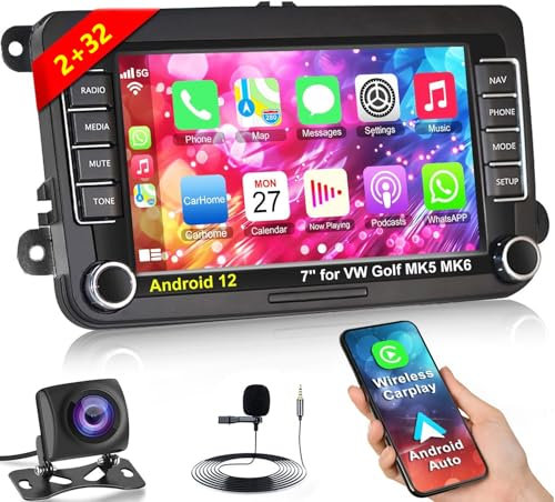2+32 Android 12 Autoradio für VW Golf MK5 MK6 RCD330, 7 Zoll IPS Touchscreen Autoradio mit Wireless Carplay/Android Auto,GPS, WiFi, Bluetooth, Unterstützung DAB/OBD2/DVR/DPS