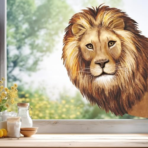 Wandtattoo Loft Fensterbild Löwe ins Fenster schauend reinschauend Löwenkopf Savanne wiederverwendbar Sommer Afrika, A3 Bogen