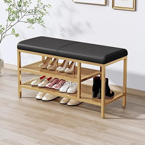 MARIYCH 3-stufige Schuhregalbank, Ottomane mit goldenem Metallrahmen, gepolsterte Schuhaufbewahrungsbank für Eingangsbereich, Flur, Schlafzimmer