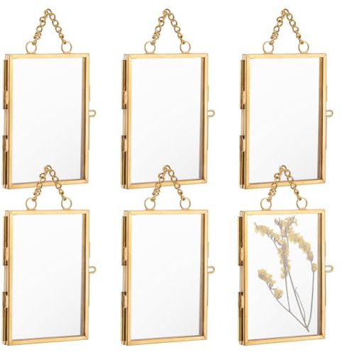 OLYCRAFT 6Pcs Wall Hanging Mini Photo Frames 9.3x6.1cm Double Glass Picture Frame with Chain Brass Folding Frame DIY Vintage Artwork Display Frames for Pressed Flowers Pictures Home Wall Decor