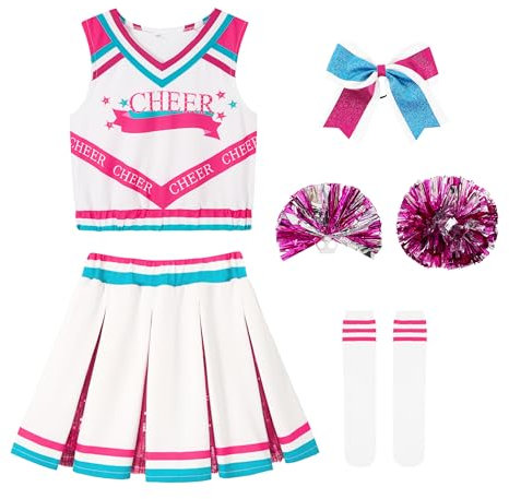 LOLANTA Cheerleader Kostüm Mädchen Rosa mit Pompoms Socken, Karneval Faschingskostüm Cheerleader für Kinder, Cheerleader Outfit Mädchen(Rosa, 10-11 Jahre, Tag 150)