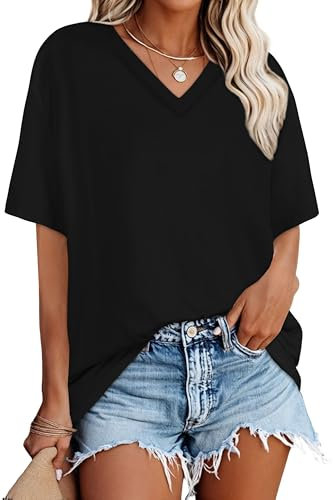 T-Shirt für Damen V Ausschnitt Oversize Bluse Casual Schwarz Oberteil(Schwarz, L)