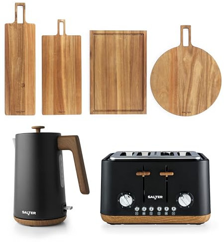 Salter Toronto Kettle, Toaster & Serving Board Set – Kitchen Countertop, 55cm & 60cm Serving Board, Chopping & Pizza Boards, FSC®- Certified Acacia Wood, Wide Slot Toaster, 3kW Rapid Boil, Matt Black