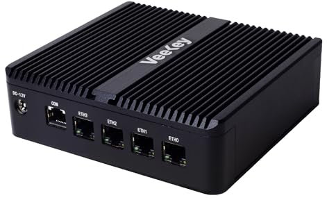 VeeKey Firewall Mini PC, 4 Port i226 2.5GbE LAN Fanless Mini PC N100, DDR5, HDMI, DisplayPort, Gigabit Ethernet AES-NI VPN Router Openwrt Home Media Server (16GB RAM, 256GB SSD)