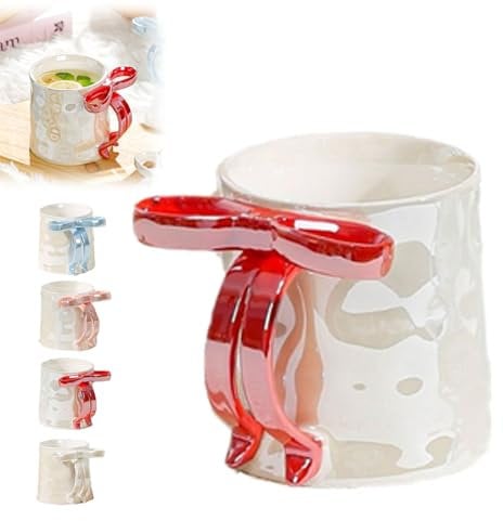 12oz Charming Ribbon Mugs with Bow Handle, Ceramic Christmas Bow Hot Chocolate Mug, 350ml Bow Mug, Pink Christmas Mug, Ribbon Handle, Valentine's Day Christmas Birthday Gift (Red)