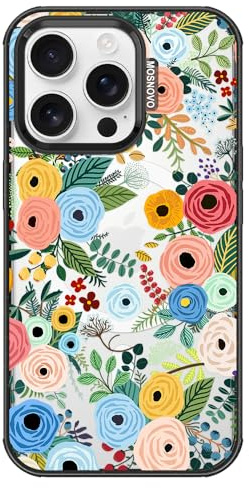 MOSNOVO for iPhone 16 Pro Case, Fit for MagSafe, Military-Grade Drop Protection, Shockproof Bumper, Cute Women Girl Magnetic Floral Phone Case for iPhone 16 Pro, Pastel Floral Garden/Black