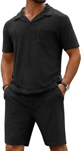 URRU Herren-Poloshirt und Shorts-Set, Sommer-Outfits, Strand, Frottee, lässig, kurzärmelig, 2-teiliges kurzes Set für Herren, Schwarz, X-Large