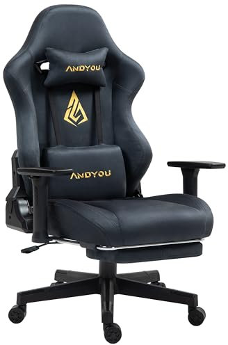 Andyou Gaming Stuhl Ergonomischer Gaming Chair mit Fußstütze, Atmungsaktiver Gaming Sessel PC Stuhl mit Verstellbare 3D Armlehnen, 150 kg Belastbarkeit Drehsessel, Grau