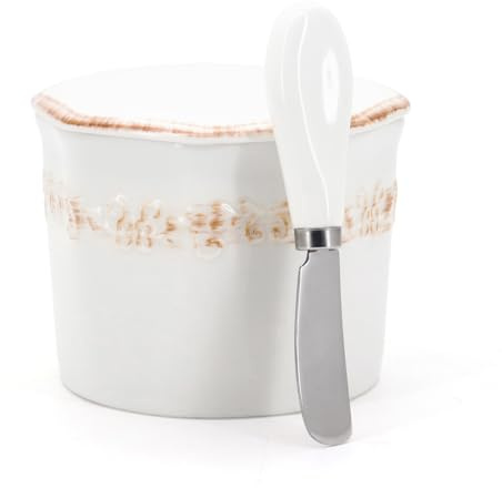 Seahelms Keramik Butterdose mit Deckel & Messer 250g Französische Butterdose mit Wassereinsatz Butteraufbewahrung für frische, weiche, streichfähige Butter (Weiß, 280ML)