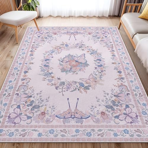 Teppich Wohnzimmer Waschbarer, Blumen Kurzflor Teppich Schlafzimmer, Vintage Chic Weicher Kurzflor Carpet mit Rutschfester Rückseite Design für Wohnzimmer, Esszimmer, Büro Bereich Dekor Rosa 120X160cm