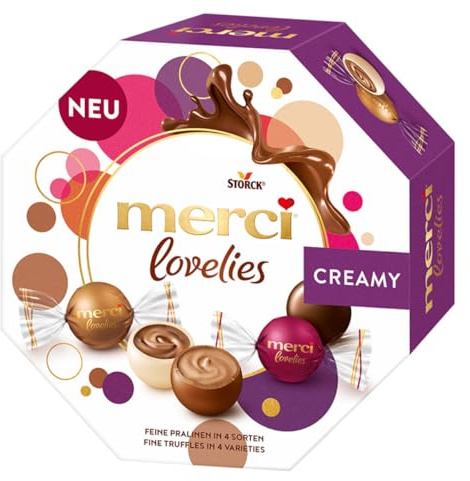 2 er Pack merci lovelies Creamy 2 x 185g Geschenkverpackung mit 14 einzeln verpackten Pralinen. 4-fach sortiert Sonderpreis halrbar 2+3/26