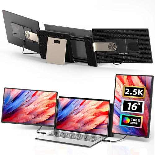 Laptop Screen Extender 2.5K Monitor - 16 Triple Portable Monitor 2560x1600P QHD 100% sRGB IPS 235° Rotation Detachable Screen Design Extra Compatible with Mac Wins Dex Chrome Fits 13-17 Laptops