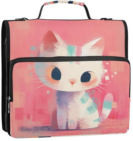 Peach Simple Cartoon Cat 3 Rings Zip Up Binder with Shoulder Strap & Handle Laege Capacity Document Binder Organizer for School/Office