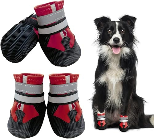 Dricar Hundeschuhe Pfotenschutz, 4 Stück Hunde Schuhe Wasserdicht Anti-Rutsch mit verstellbaren Riemen, Winter-Hundestiefel für mittlere große Hunde Outdoor-Spaziergänge und Innenbereich, Rot, L