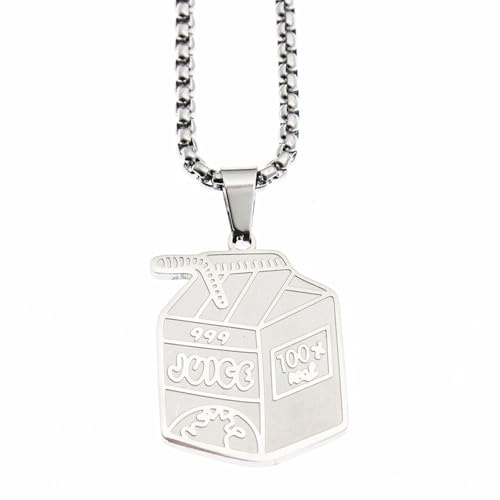 fKiZanthene Juice Box Pendant Necklace, Stainless Steel Silver, Juice Wrld Chain Hip Hop Personality Silver Necklace, Fashion Jewellery, Pendant Gift