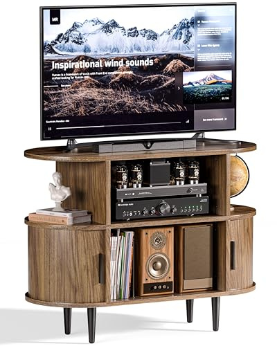 35.4 Fluted Small TV Stand, Mid Century Modern TV Stands for Bedroom, TV Entertainment Center with Storage for TVs, Media Console Cabinet with Sliding Doors for Bedroom, Living Room, (Walnut)