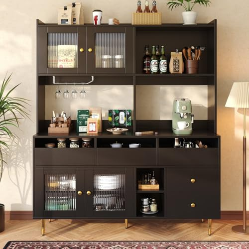 KOMHTOM Armoire de Cuisine, Armoire Haute, Buffet, Porte-Verres à Vin, 5 Tiroirs, 4 Portes Vitrées, Poignées et Pieds en Métal Doré, Grand Espace de Rangement (Noir)