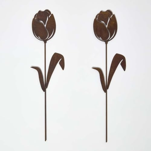 HOMESCAPES Metal Garden Stakes Decorative, Set of 2 Rustic Metal Flowers Silhouette, 37cm Tulip Flower Stake, Weatherproof Vintage Outdoor Ornament for Gardens, Plant Pots, Planters & Balcony