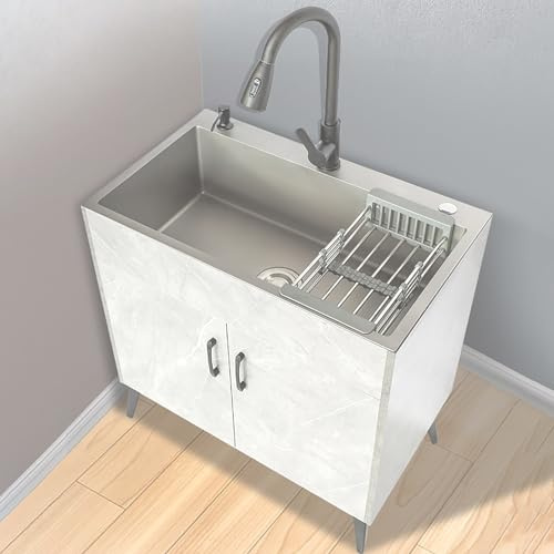 JKJZSALJ Fregadero De Acero Inoxidable con Mueble - Fregadero Comercial Independiente para Cocina, Baño, Restaurante, Casa De Campo O Lavandería, Blanco Leche, 65 X 45 Cm