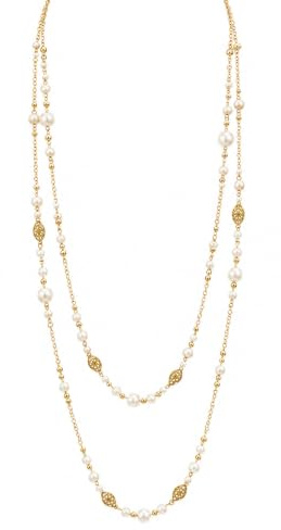 BellaBlend Lange goldene Perlenkette für Damen, trendige, zierliche, mehrlagige Perlenkette, Modeschmuck, Geschenk, Pullover-Zubehör