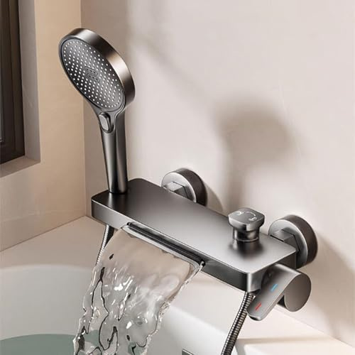 Mitigeur de Lavabo Robinet de Baignoire Cascade Gris Anthracite ; Mitigeur/Douche ; Robinet de Baignoire Mural avec Douchette