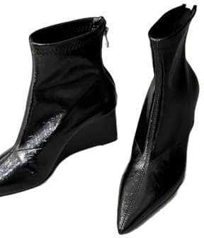 GLDFW Stivali corti a punta da donna autunno inverno tacco alto tacco corto tacco inclinato sottile stivali in pelle sintetica gomma, Nero , 37 EU