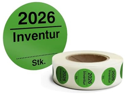 Inventuraufkleber 2026 grün 500 Stück Ø 30 mm mit Stückzahlfeld | Inventuretiketten aus Haftpapier auf Rolle, ablösbar, witterungsbeständig und temperaturbeständig zur Bestandskennzeichnung