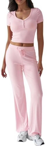 Rayson Tuta Donna Elegante Completo Sportivo Manica Corta e Pantaloni | Top Maglia con Bottoni,Top Girocollo,Pantaloni con Tasche e Coulisse,per l'Estate