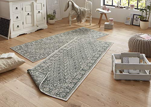 NORTHRUGS Outdoor Rug, Curacao Reversible Rug Weatherproof, Modern Graphic Pattern Runner for Balcony, Patio, Garden, Conservatory, Living Room Rug, Waterproof, Polypropylene, Green Cream, 80 x 250 cm
