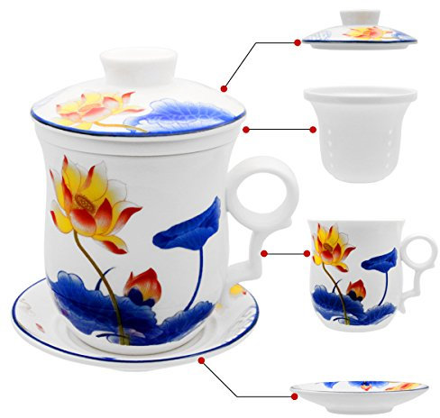 HOLLIHI Porcelain Tea Cup with Lid and Saucer Infuser Sets - Chinese Jingdezhen Ceramics Coffee Mug Teacup Loose Leaf Tea Brewing System for Home Office