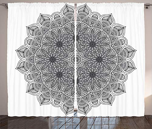 ABAKUHAUS Schwarz Rustikaler Vorhang, Mandala Blumen, Wohnzimmer Universalband Gardinen mit Schlaufen und Haken, 280 x 225 cm, Schwarz