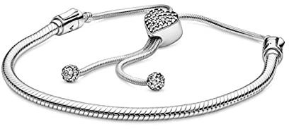PANDORA Moments Women's Sterling Silver Pavé Heart Clasp Snake Chain Slider Bracelet for Charms, Size 19, With Gift Box