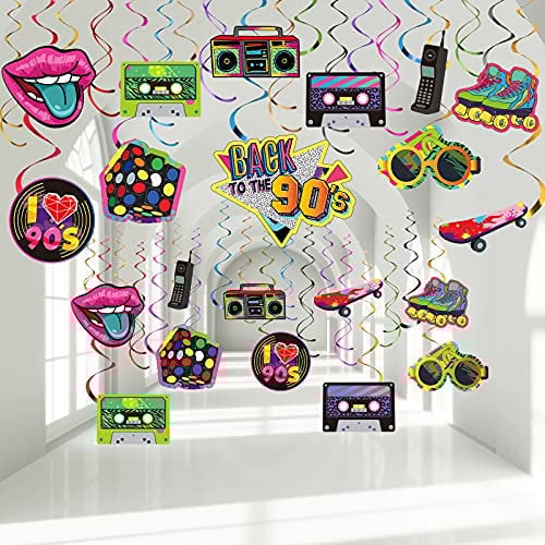 30 Stück 90er Thema Party Dekoration 90er Party Bunte 90er Hip Hop Rückblick Geburtstag Party Hängende Wirbel Decke 90er Party Dekor für Erwachsene 90er Rock Hippie Disco Retro Partybedarf