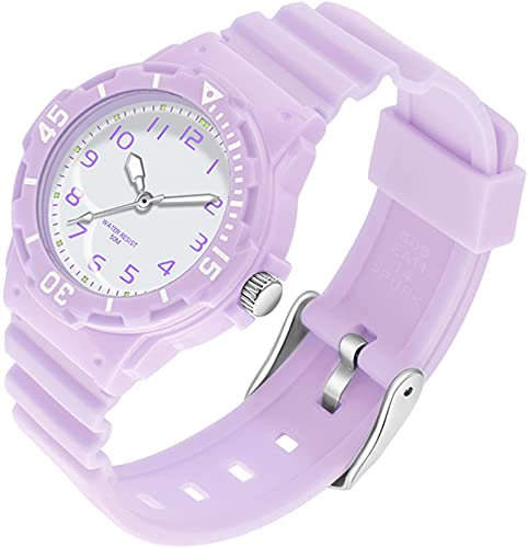 findtime Uhr Damen Analog Quarz Armbanduhr 5ATM wasserdichte Damenuhr Plastik Lichtschluckend Beleuchtend Sportuhr für Frauen Uhren Mädchen Jungen Candy Farbe Bunt Kids Watch Lila