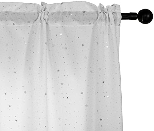 GIRASOLE HOME® Coppia Tende Semi Oscuranti Fantasia Stelline Argentate Tenda per Soggiorno Camera Cameretta Cucina e Interni 2 Pannelli con Tasca (Bianco, 70x148cm)