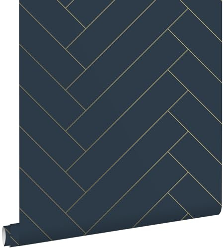 Esta Home Tapete Fischgrätmuster Dunkelblau und Gold 53 cm x 10.05 m