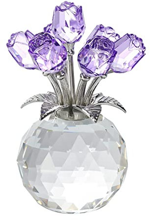 Lila Rose Blume Kristall Figur mit Vase, Blumenstrauß Ornament Geschenke für Frau Freundin Frauen, handgefertigte Kristallblume Sammlerstück Home Tischdekoration für Valentinstag Hochzeit Jahrestag