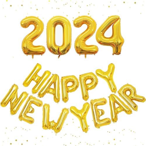 Silvester-Dekorationen, Gold 2024 Happy New Year-Ballon-Banner, 40,6 cm Folienballons Banner für Silvester-Party-Dekorationen