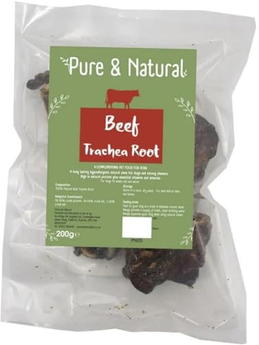 Pure & Natural Beef Trachea Root Natural Dog Chews - High Protein, Long Lasting, Healthy Dog Treats for Large Dogs & Small Dogs - 200g Bag