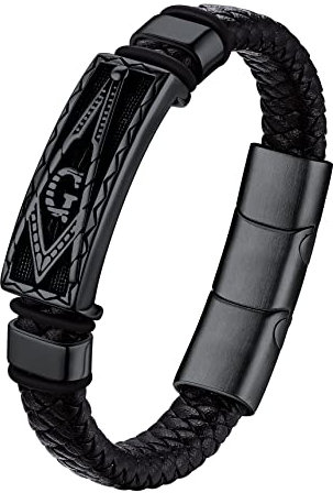 Bestyle geflochten Lederarmband mit Magnet Verschluss Freimaurerei Armbänder für Herren Gotik Biker Armband Vintage Armschmuck Accessoire, 23cm, Schwarz