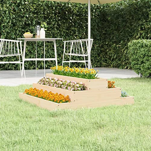 Festnight Pflanzkübel 3 Stufen Stapelbares Hochbeet 3 Etagen Blumenkasten Holzrahmen Blumentreppe Stufenbeet Gemüsebeete, Gartenbeete Pflanzenbeet Natürliche Kiefer 80 x 80 x 27 cm Massivholz Kiefer