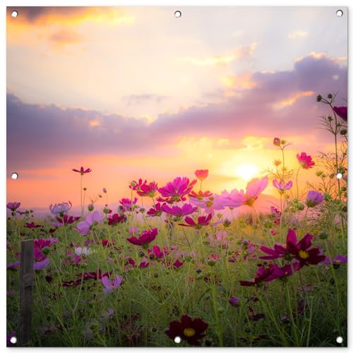 MuchoWow Poster Exterieur Coucher de Soleil - Fleurs - Rose - Nature - Vert Decoration Murale 100x100 cm Résistant aux intempéries/Soleil