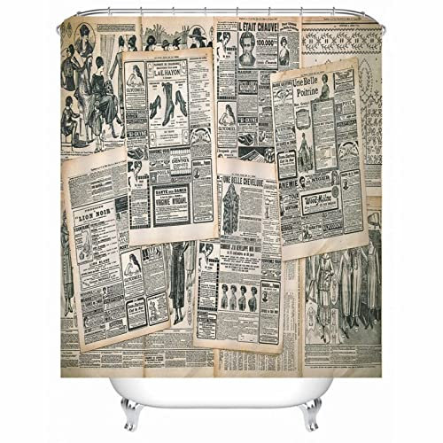 Badewanne Vorhang Weiß Schwarz, Duschvorhang Waschbar Stoff Zeitung Duschvorhang 180x180 Polyester Bad Vorhang Badezimmer Deko