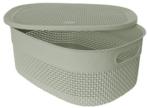 M1SS Plastic Storage Basket With Lid and Handle Oval Shape Shelf, Bathroom Basket Knit Design Toy Boxes Multi Colour Plastic Organiser ETC Baskets For Shelves, Kitchen (Green, Large - 14L)